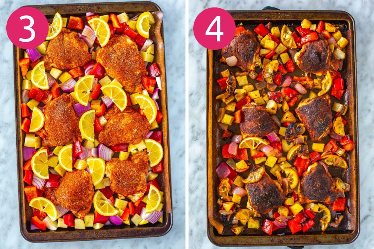 Steps 3 and 4 for making baked chicken thighs: cook everything on a sheet pan and serve and enjoy!