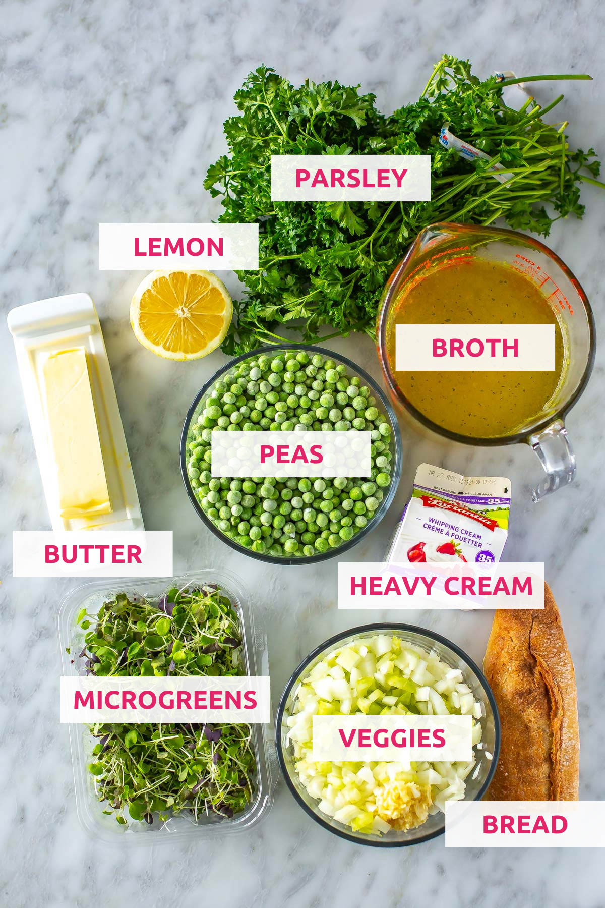 Ingredients for spring green pea soup: peas, parsley, broth, veggies, heavy cream, microgreens, butter, lemon and bread.