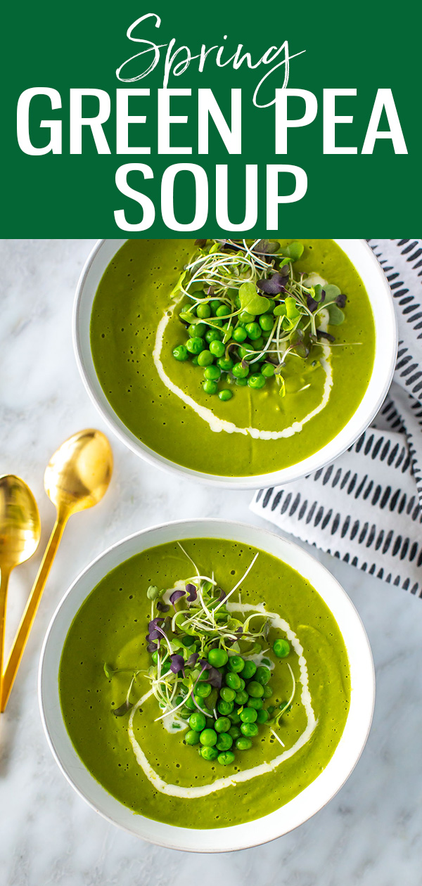 This Spring Green Pea Soup is a healthy vegetarian recipe that's bursting with flavour! Enjoy it alone or serve it with a baguette for dinner. #springpeasoup #soup