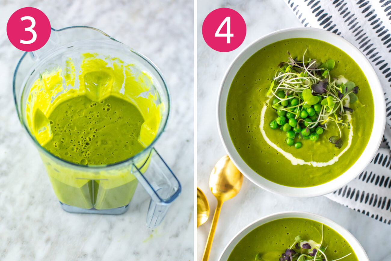 Steps 3 and 4 for making spring pea green soup: Add in cream and parsley and blend. Garnish and serve.