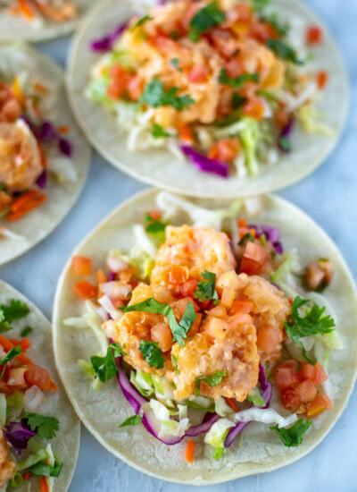 Assembled bang bang shrimp tacos