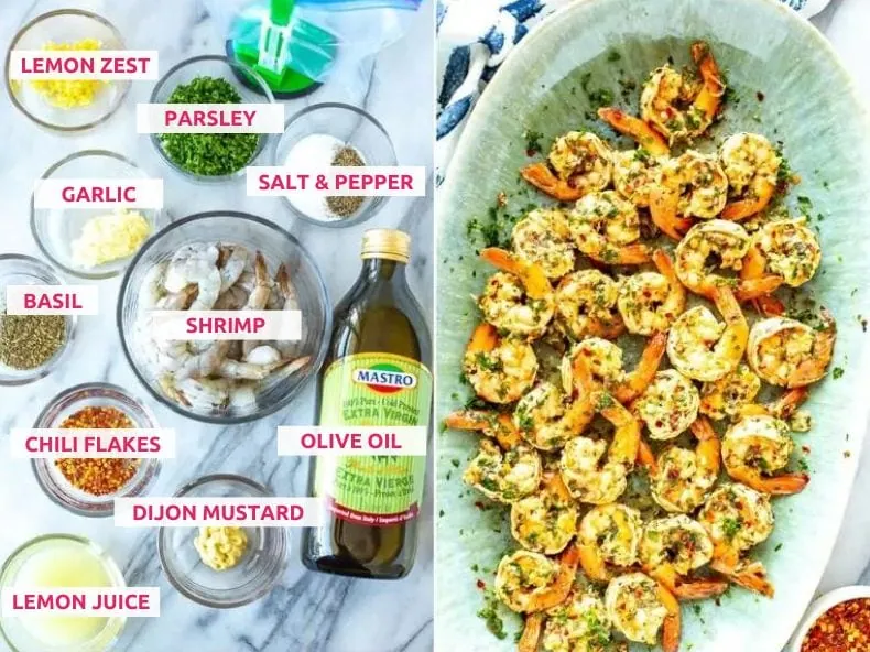 Ingredients for shrimp marinade: lemon zest, parsley, salt and pepper, garlic, basil, shrimp, chili flakes, olive oil, Dijon mustard, and lemon juice