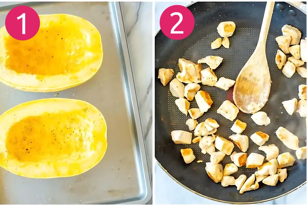 Steps 1 and 2 for making spaghetti squash alfreso