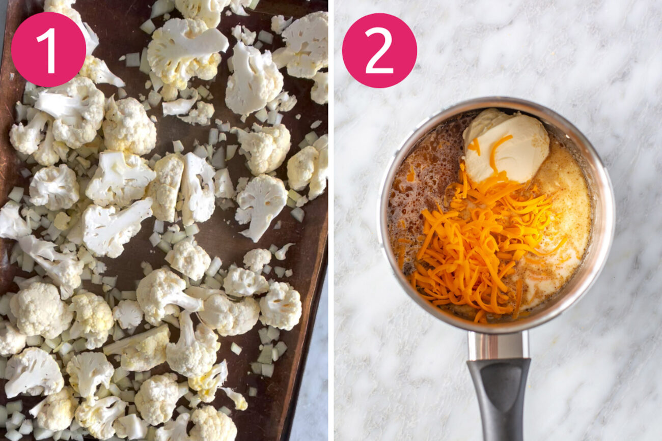 Steps 1 and 2 for making cauliflower mac and cheese: Roast cauliflower and onions then prepare cheese sauce.