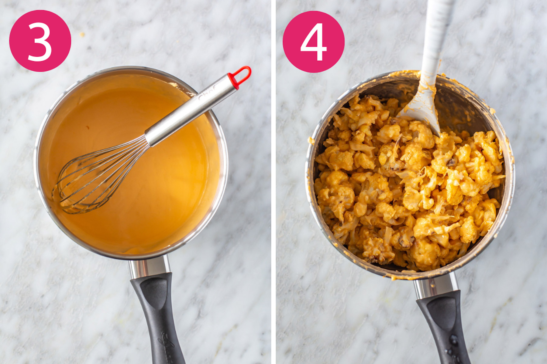 Steps 3 and 4 for making cauliflower mac and cheese: Simmer cheese sauce then toss cauliflower in with sauce.