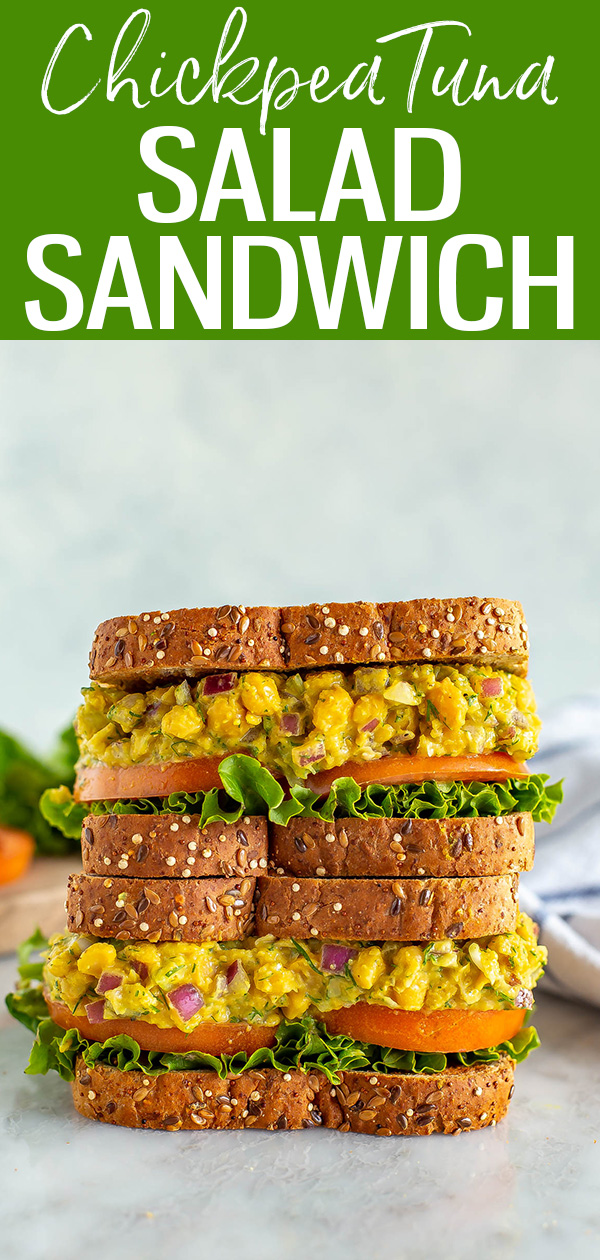 This vegetarian chickpea tuna salad sandwich is a delicious plant-based lunch idea. It's so simple to make, too! #chickpeasalad #chickpeatunasalad