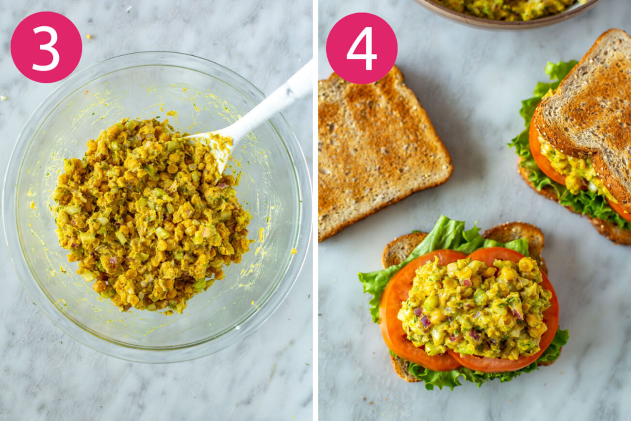 Steps 3 and 4 for making chickpea tuna salad sandwiches: Mix and let flavours sit for 30 minutes before assembling sandwiches.