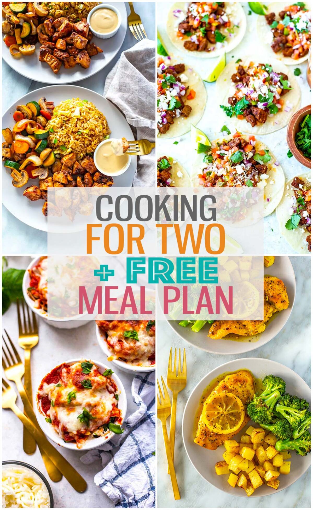 A collage of four different recipes with the text "Cooking for Two + Free Meal Plan" layered over top.