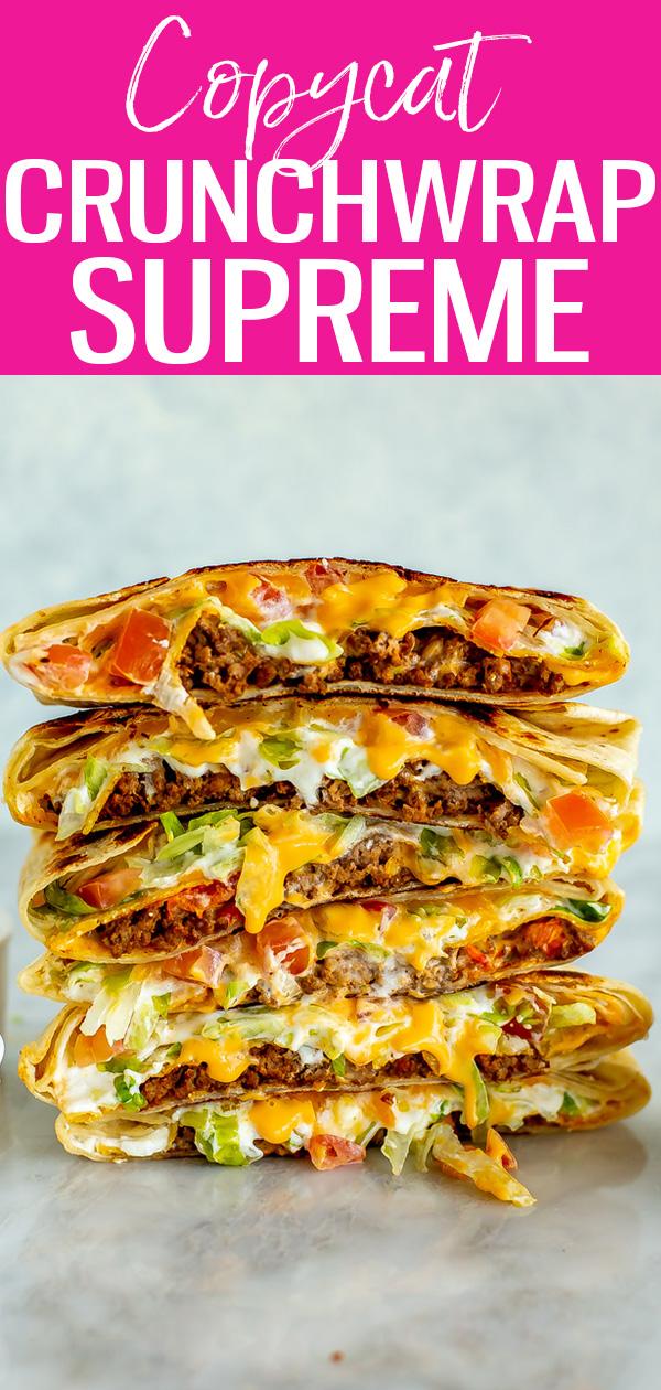 This Copycat Taco Bell Crunchwrap Supreme tastes just like the real deal! It's super crispy and loaded with taco meat, veggies and cheese.  #tacobell #crunchwrapsupreme