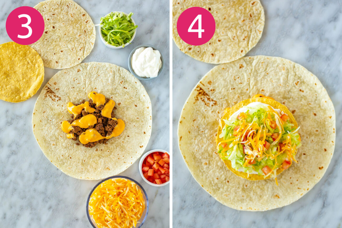 Steps 3 and 4 for making crunchwrap supreme: Add beef and queso, then all the rest of the toppings.