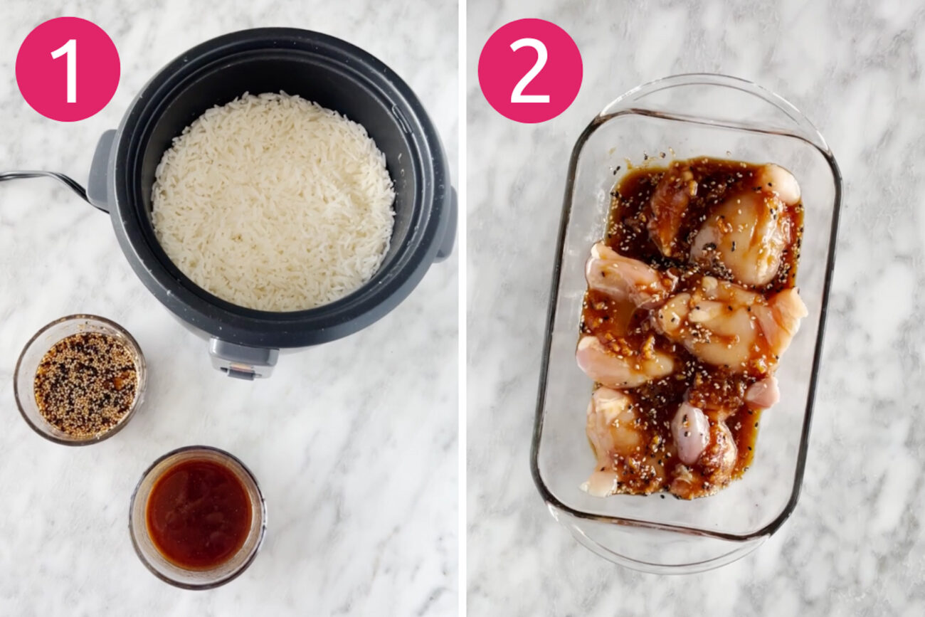 Steps 1 and 2 for making Korean-inspired chicken: Make rice, dressing and marinade then marinate and cook chicken.