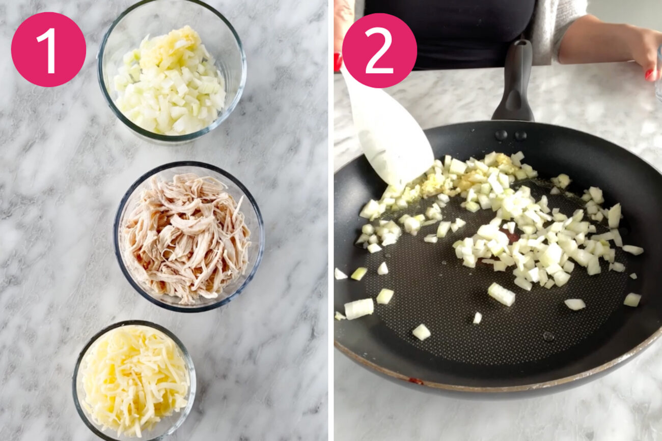 Steps 1 and 2 for making meal prep chicken enchiladas verdes: Cook then shred chicken and saute garlic and onions.