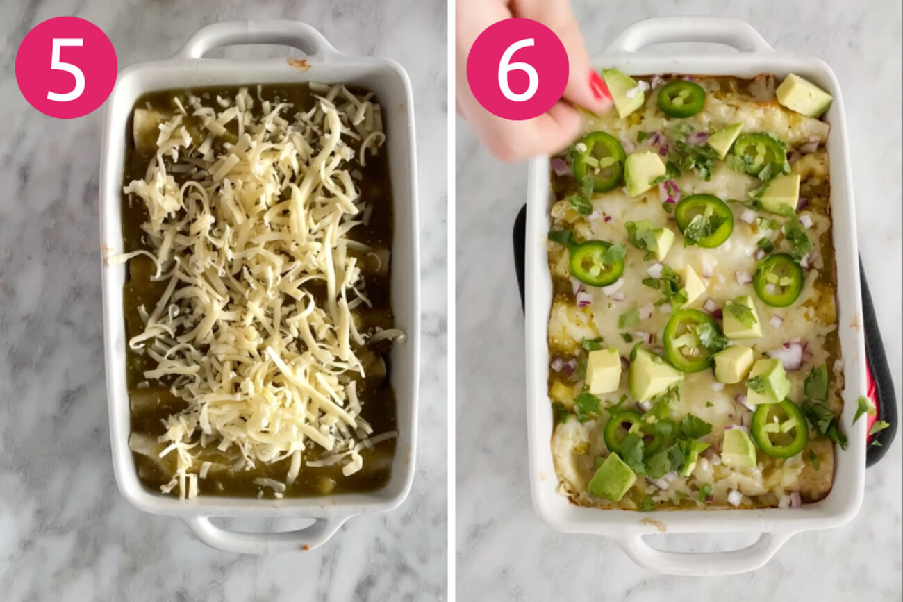 Steps 5 and 6 for making meal prep chicken enchiladas verdes: Add salsa and cheese, then bake and garnish.