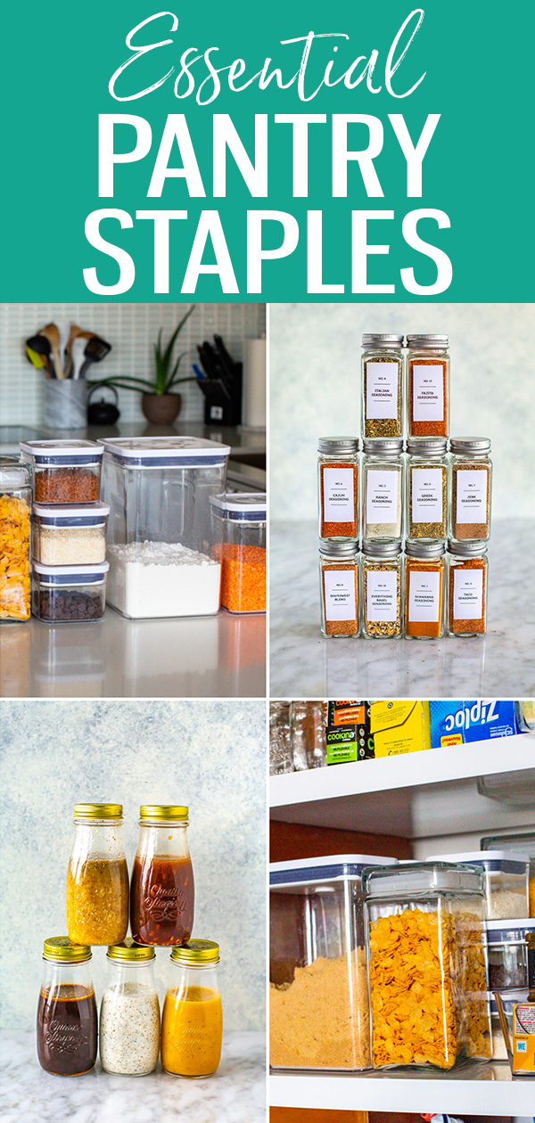 Looking to stock up your kitchen? Here's a list of all the pantry staples you need, including dry goods, oils, canned goods and more! #pantrystaples