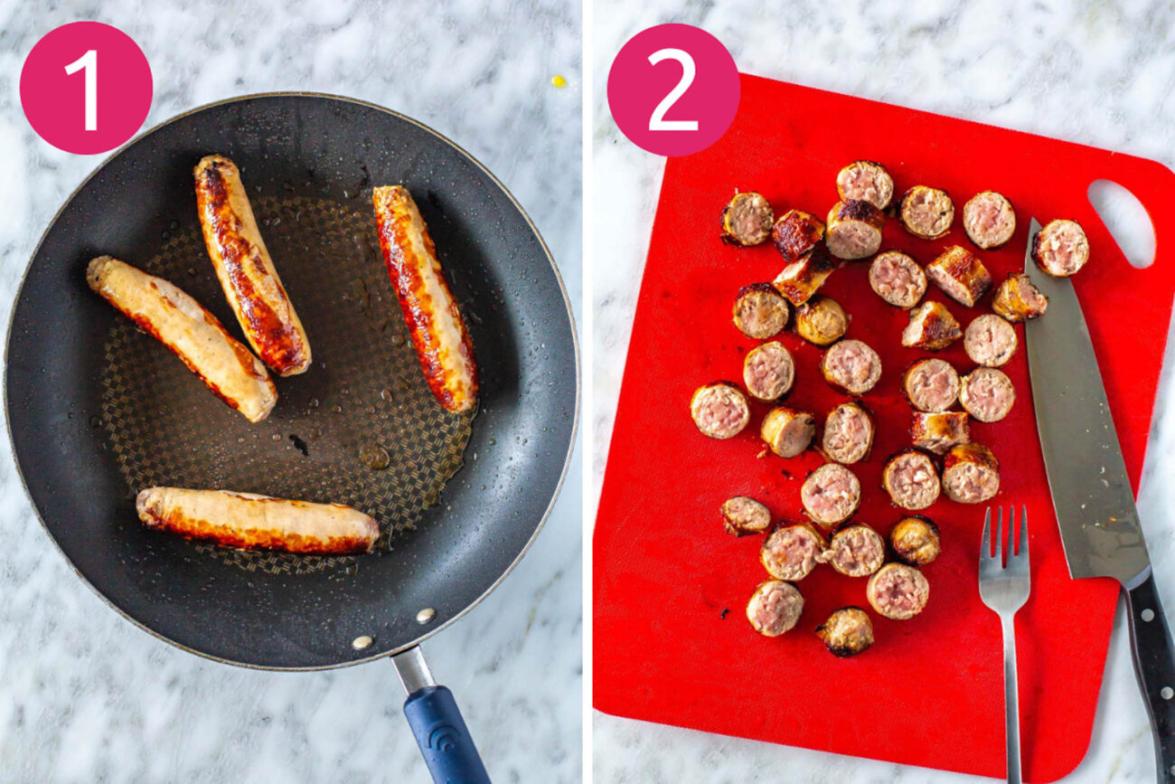 Steps 1 and 2 for making sausage, peppers and onions: Cook sausage then slice it once cooled.