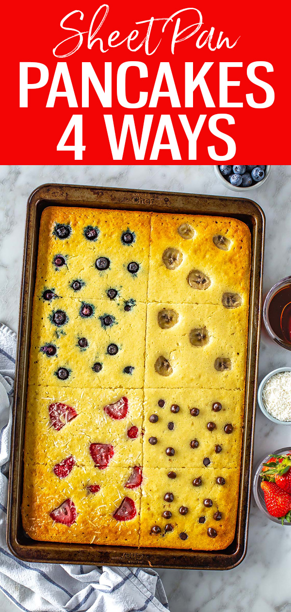 These Sheet Pan Pancakes are an easy way to cook breakfast for a crowd or meal prep for the week! Mix & match toppings to your heart's desire.