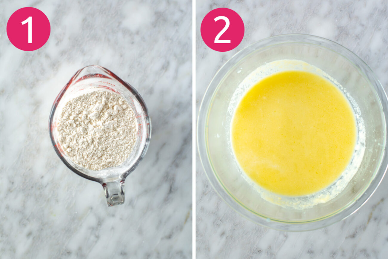 Steps 1 and 2 for making sheet pan pancakes: Mix dry ingredients and mix wet ingredients.