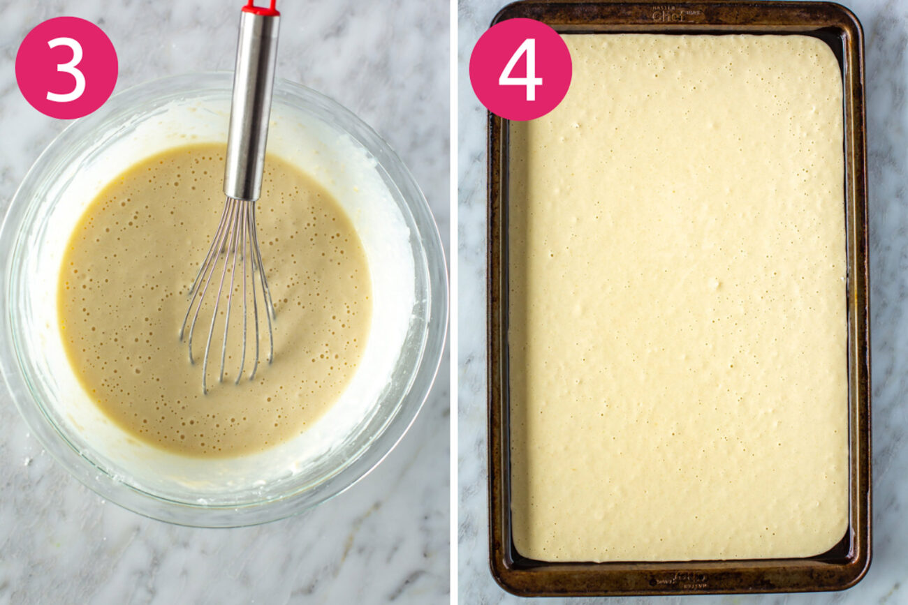 Steps 3 and 4 for making sheet pan pancakes: Combine wet ingredients with dry ingredients and add batter onto a greased sheet pan.