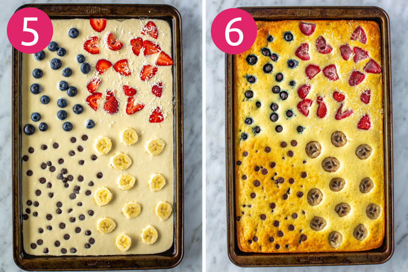 Steps 5 and 6 for making sheet pan pancakes: Add on toppings and bake.