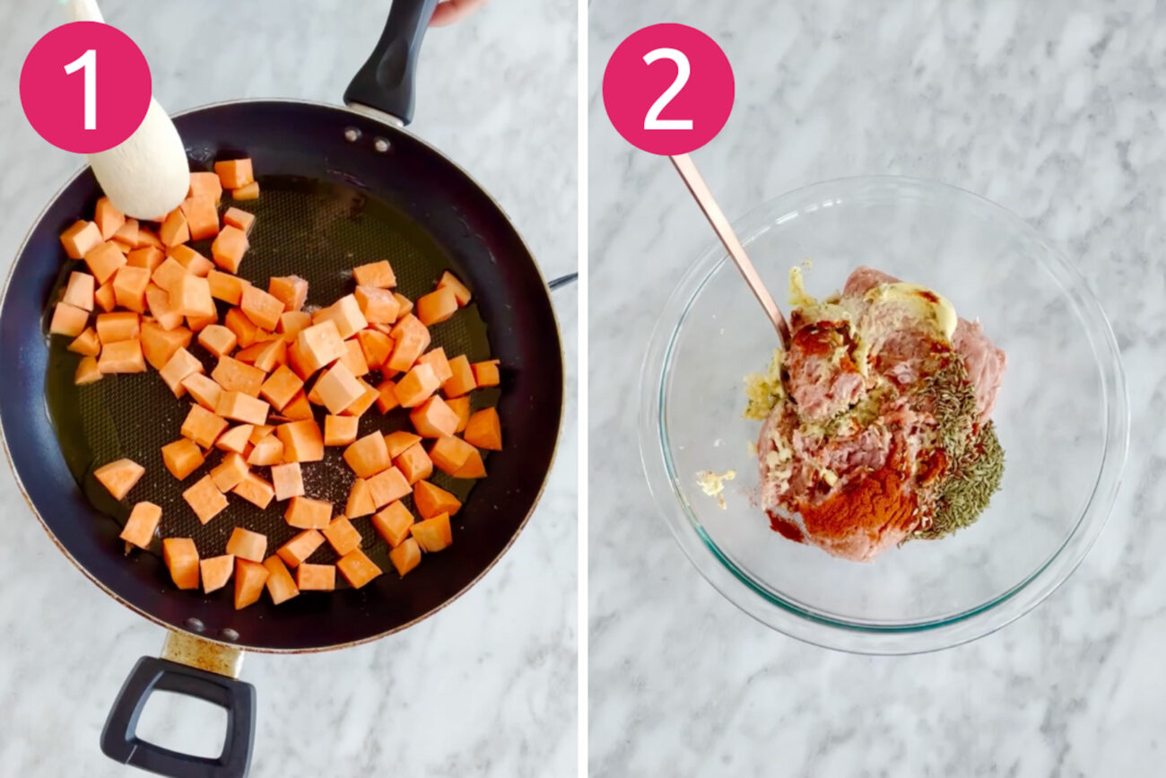 Steps 1 and 2 for making sweet potato hash: saute the sweet potatoes and make the sausage.