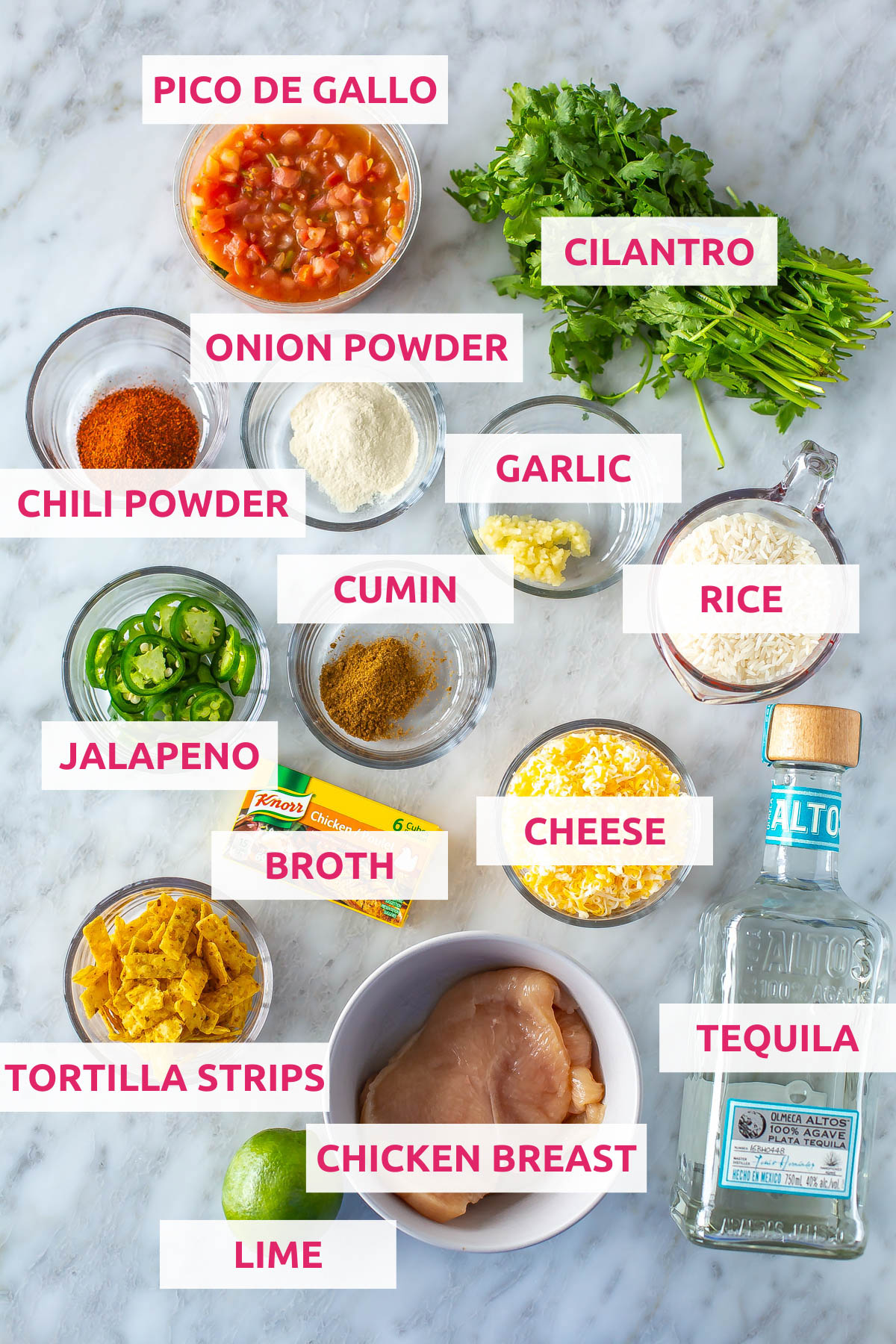 Ingredients for tequila lime chicken: pico de gallo, cilantro, rice, tequila, chicken breast, lime, tortilla strips, cheese, broth, jalapeno, garlic, cumin, chili powder, and onion powder.
