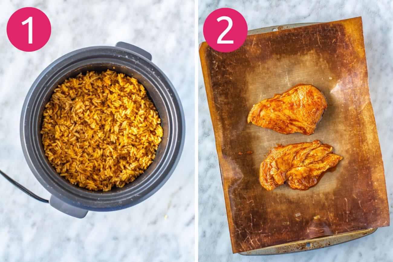 Steps 1 and 2 for making tequlia lime chicken: Make tex mex rice then marinate and cook chicken.