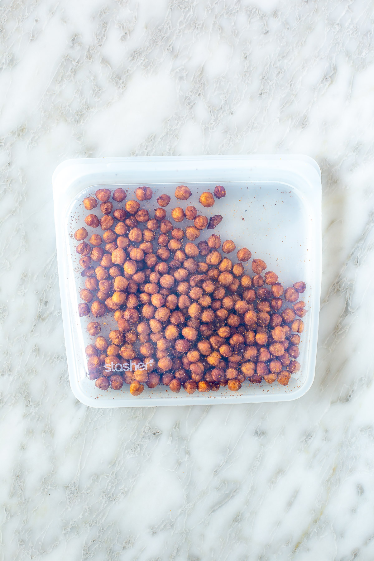 A stasher bag with air fryer chickpeas.