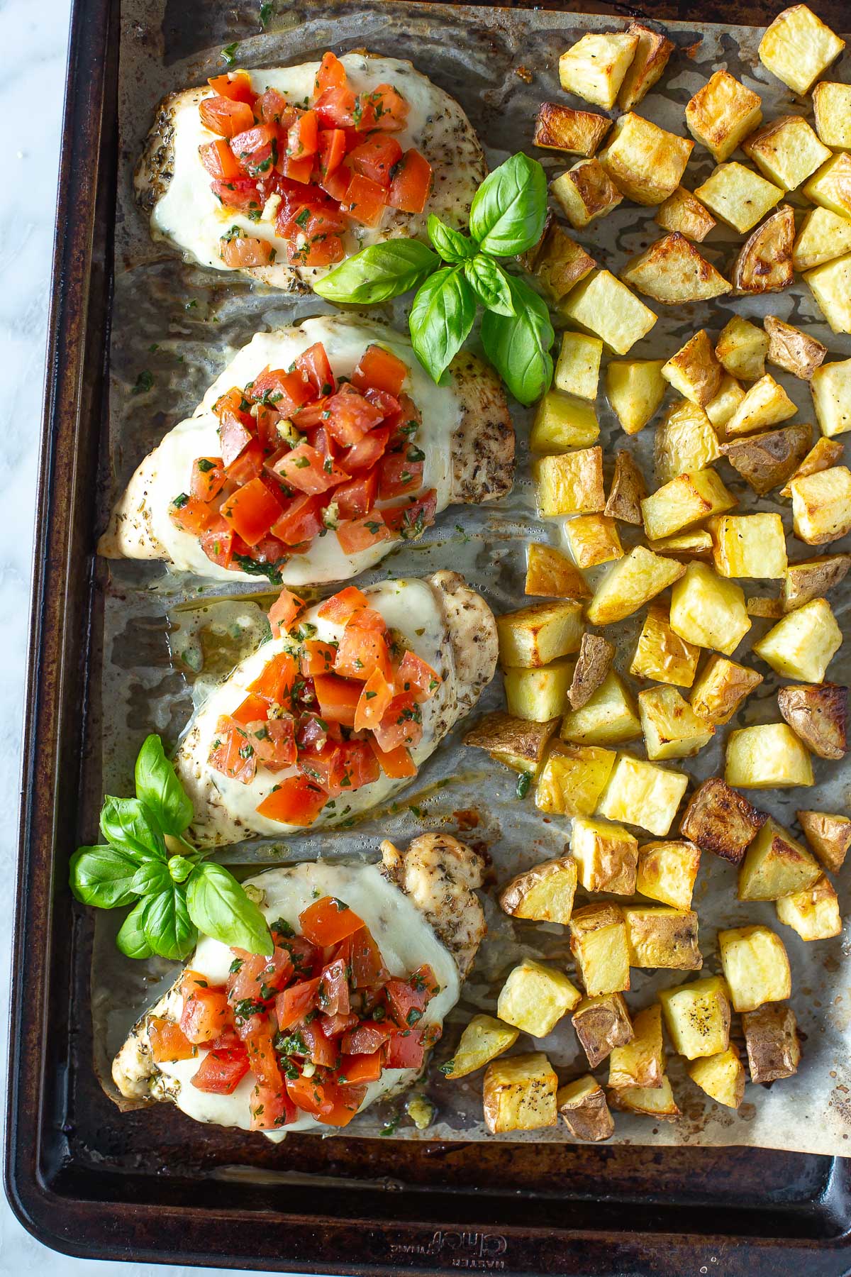Sheet pan chicken bruschetta