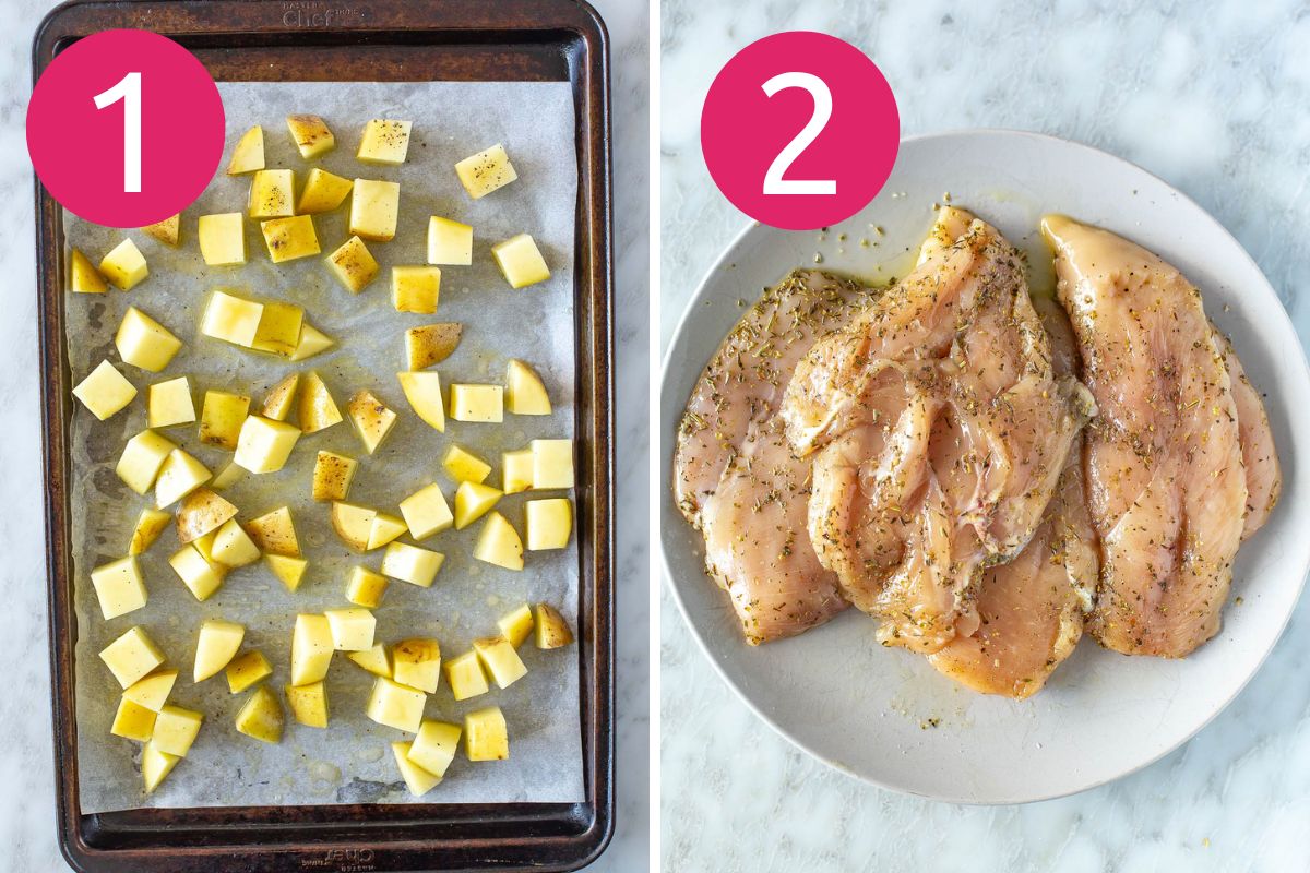 Sheet pan chicken bruschetta steps 1-2