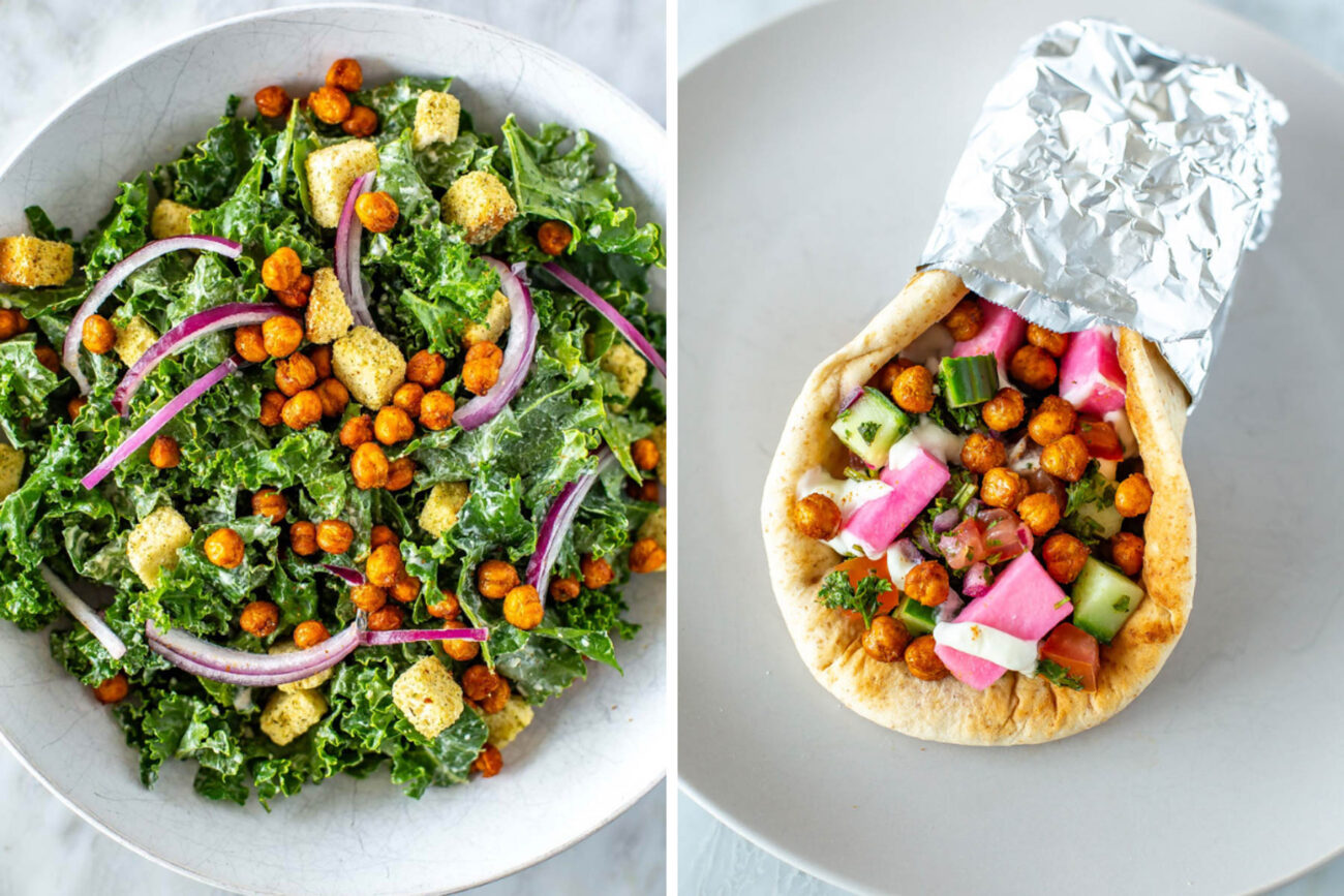 Air fryer chickpeas in a kale salad and shawarma wrap.