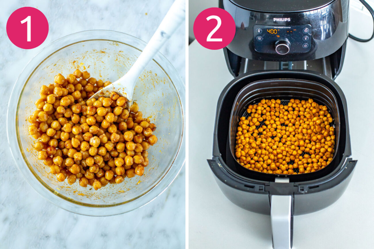 Steps 1 and 2 for air fryer chickpeas: Season chickpeas, cook in air fryer.