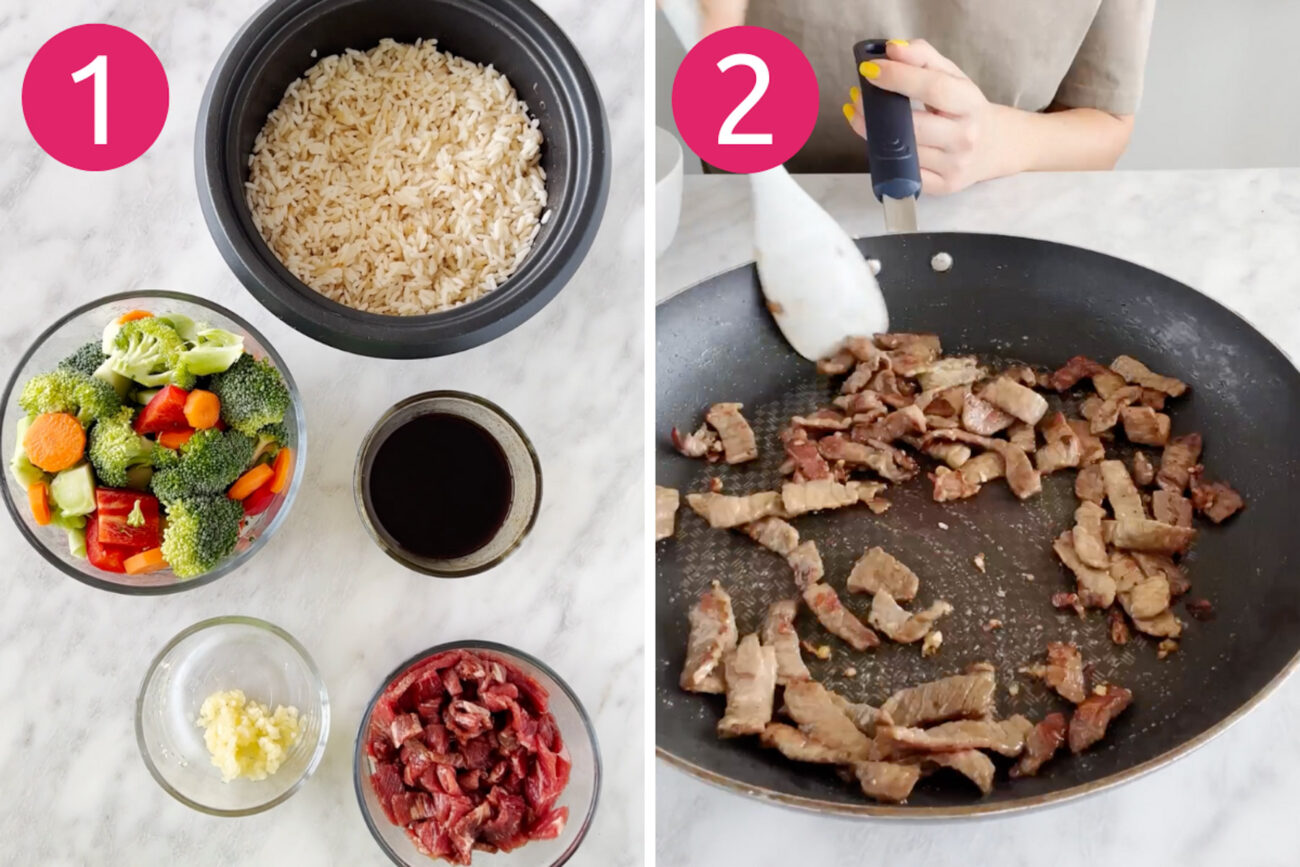 Step 1 and 2 for making beef stir fry: Cook rice, mix stir fry sauce and then saute beef.