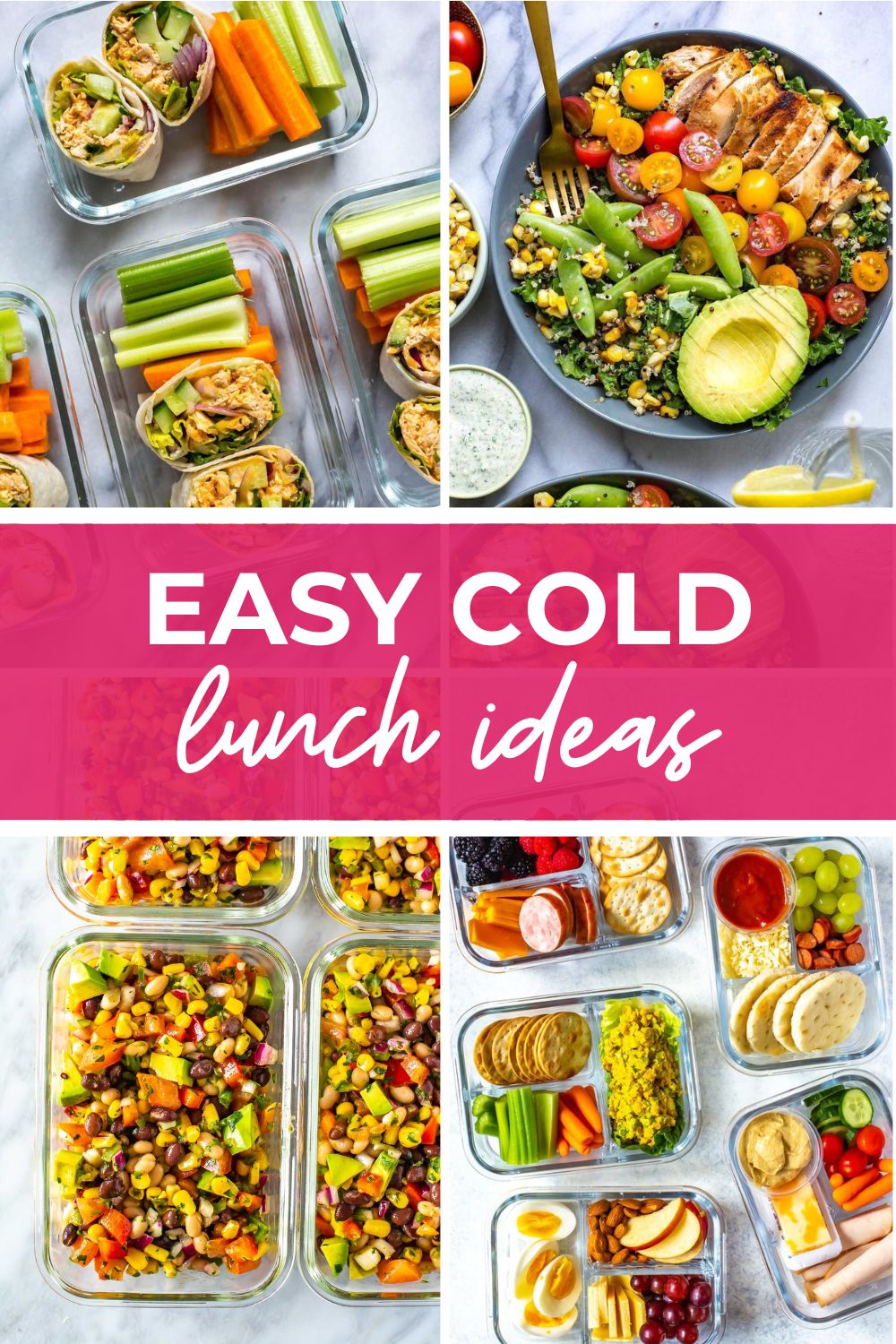 Collage with four cold meal prep recipes and text that says 'Easy Cold Lunch Ideas'