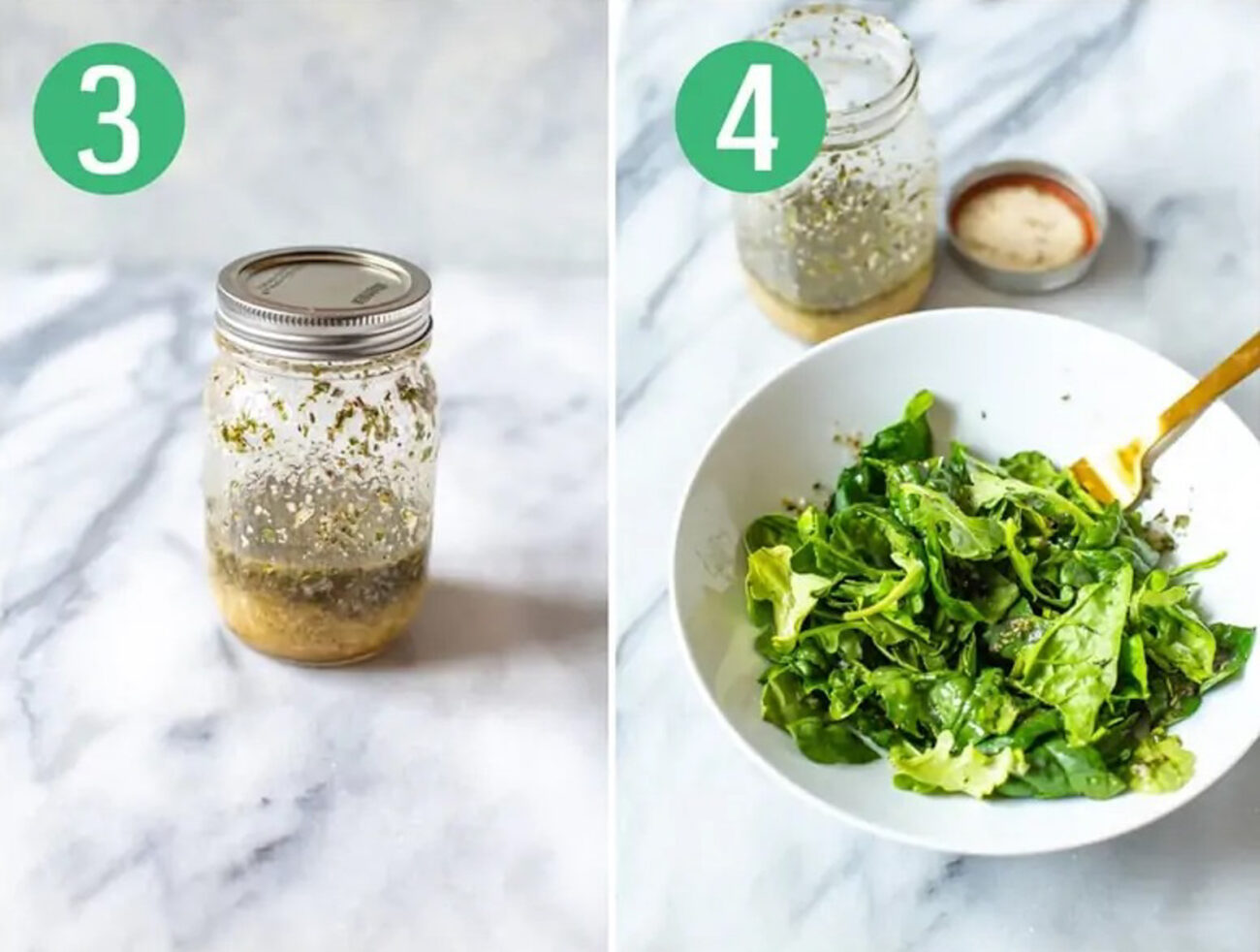 Steps 3 and 4 for making homemade salad dressings: Shake everything then pour onto salad.