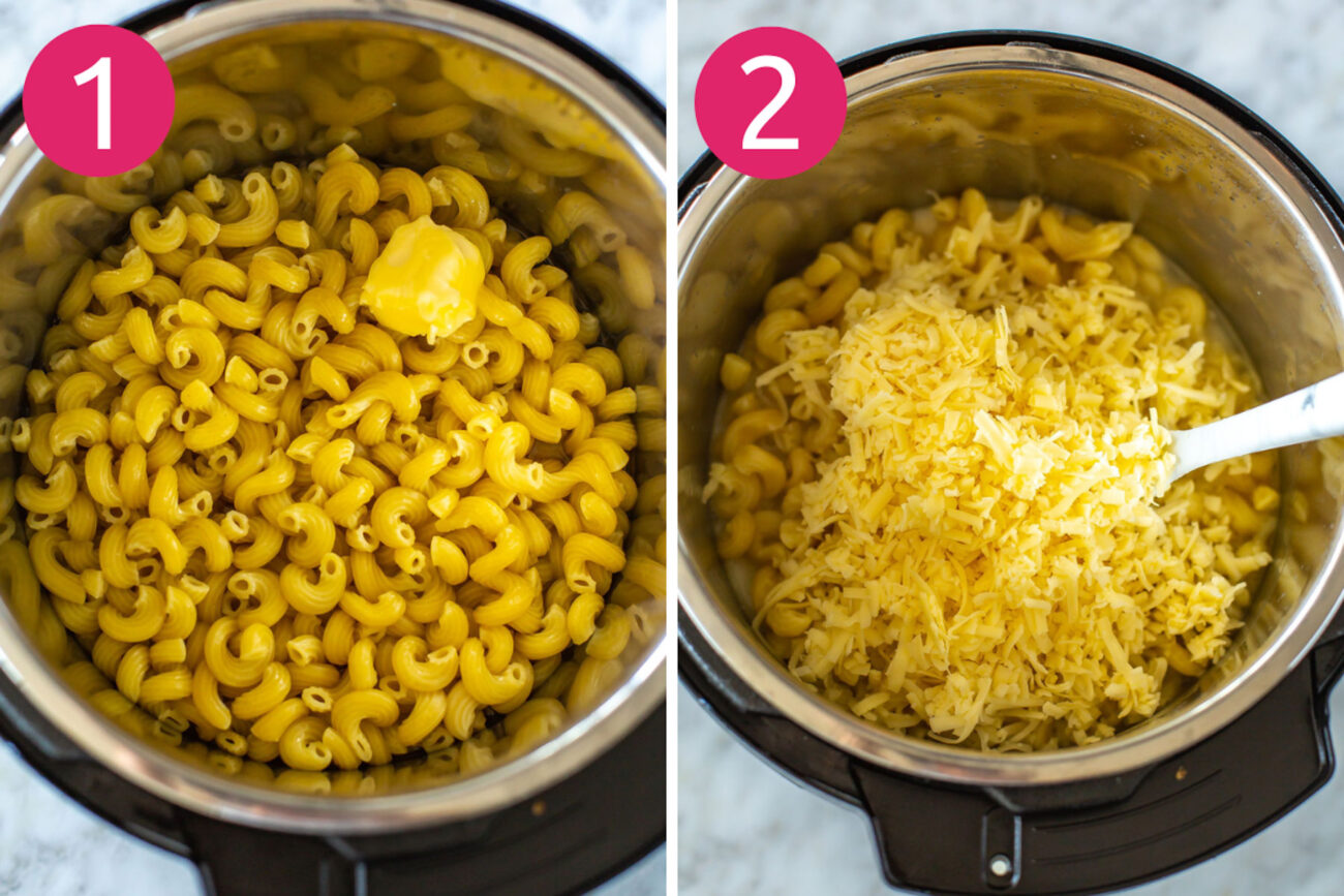 Steps 1 and 2 for making Instant Pot mac and cheese: Add in first 4 ingredients and cook, then stir in milk and cheese.