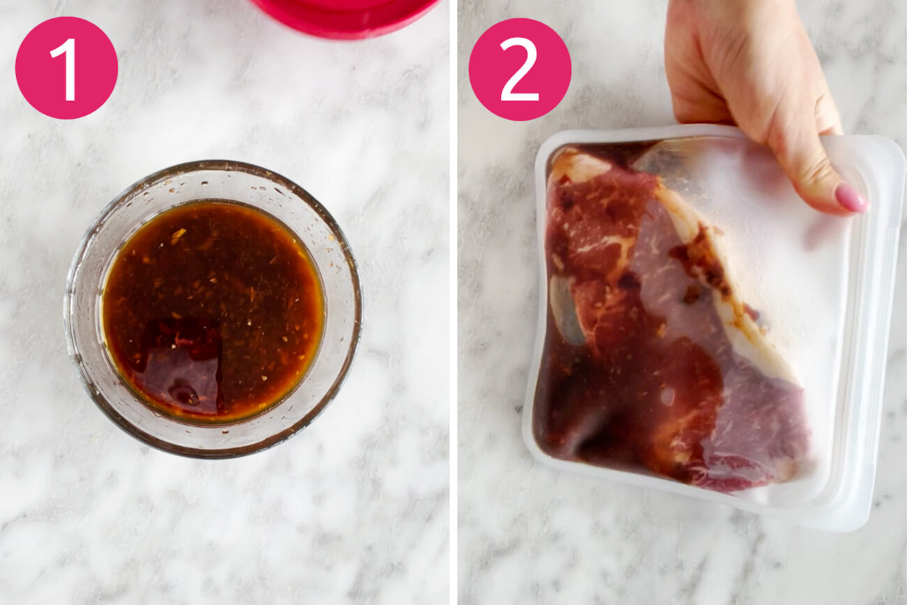 Steps 1 and 2 for making kalbi beef tacos: Make the marinade and marinate the steak.