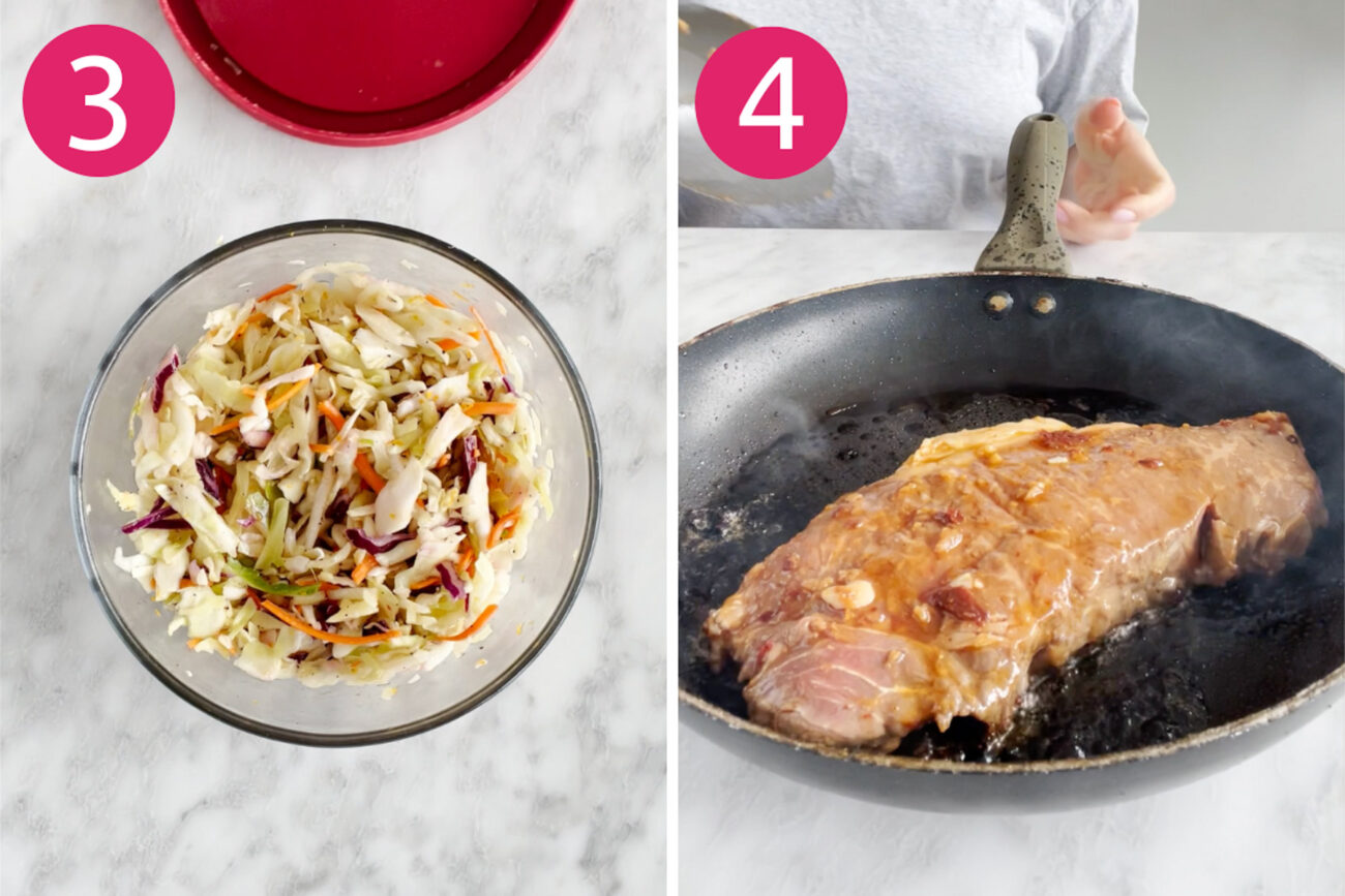 Steps 3 and 4 for making kalbi beef tacos: Make the coleslaw and cook the steak.