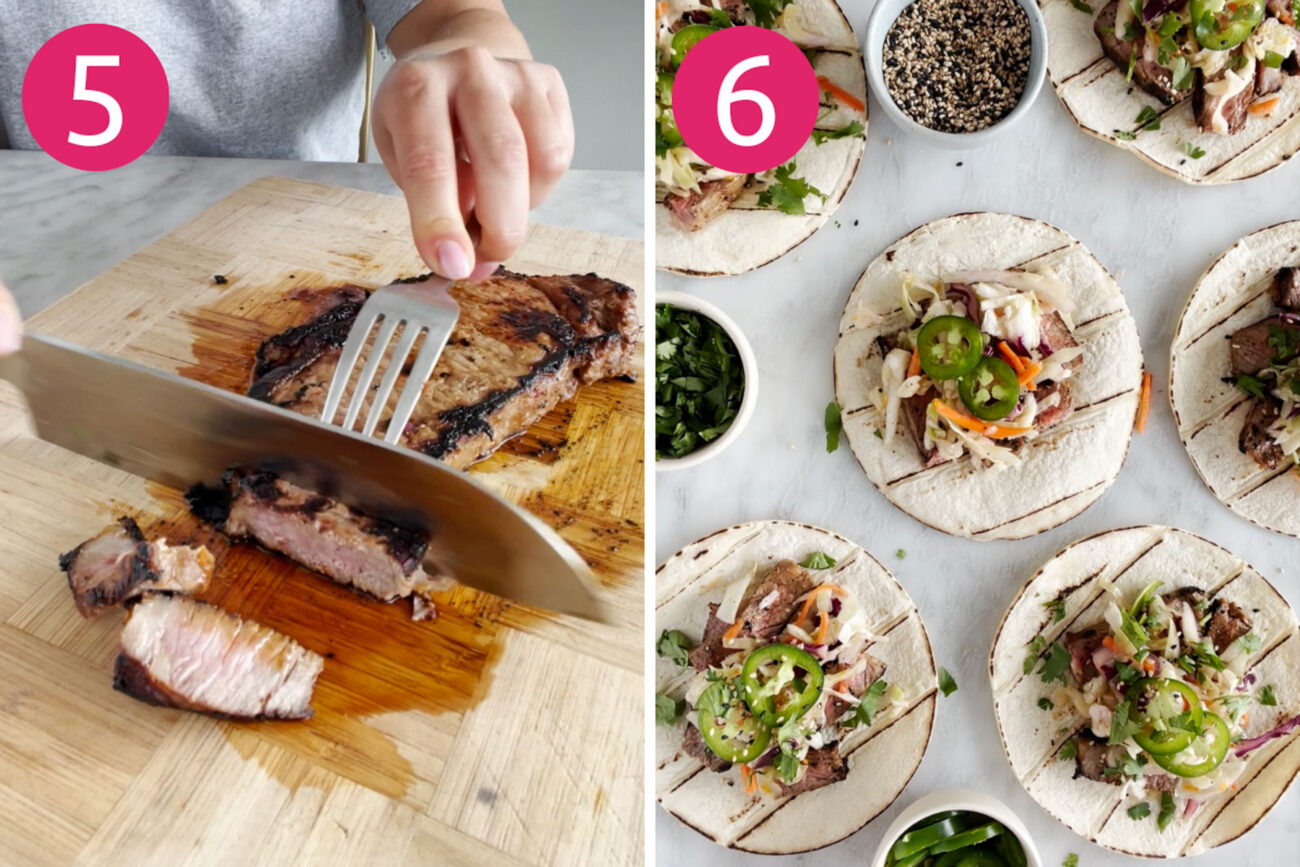 Steps 5 and 6 for making kalbi beef tacos: Slice the steak and assemble tacos.