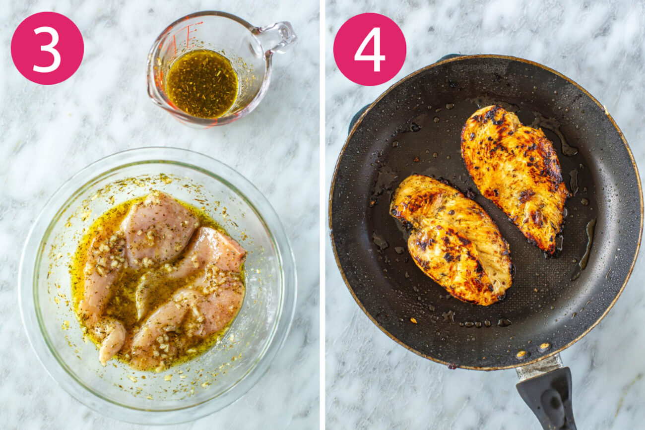 Steps 3 and 4 for making mediterranean bowls: Marinate chicken then cook it.
