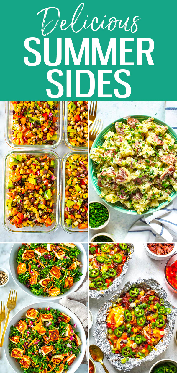 These healthy and easy summer sides are perfect for your next BBQ or picnic. Try everything from no-cook salads to grilled veggies! #summerrecipes #sidedishes