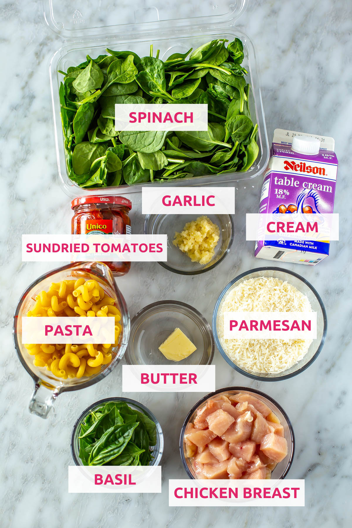 Ingredients for Creamy Sundried Tomato Pasta: sundried tomatoes, spinach, garlic, cream, pasta, butter, parmesan, basil and chicken breast.