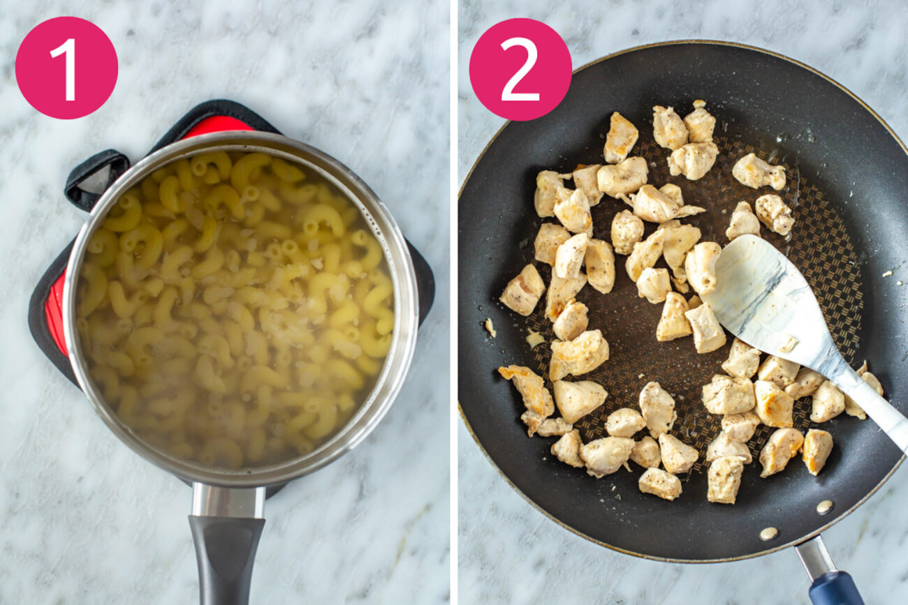 Step 1 and 2 for making creamy sundried tomato pasta: Make pasta then cook chicken.