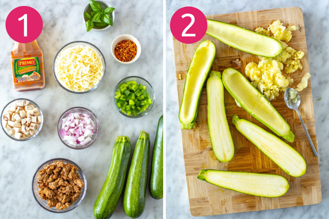 Steps 1 and 2 for making zucchini pizza boats: Prepare ingredients and scoop out zucchini flesh.