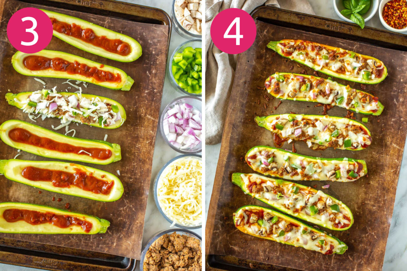 Steps 3 and 4 for making zucchini pizza boats: Add pizza sauce and toppings then bake.