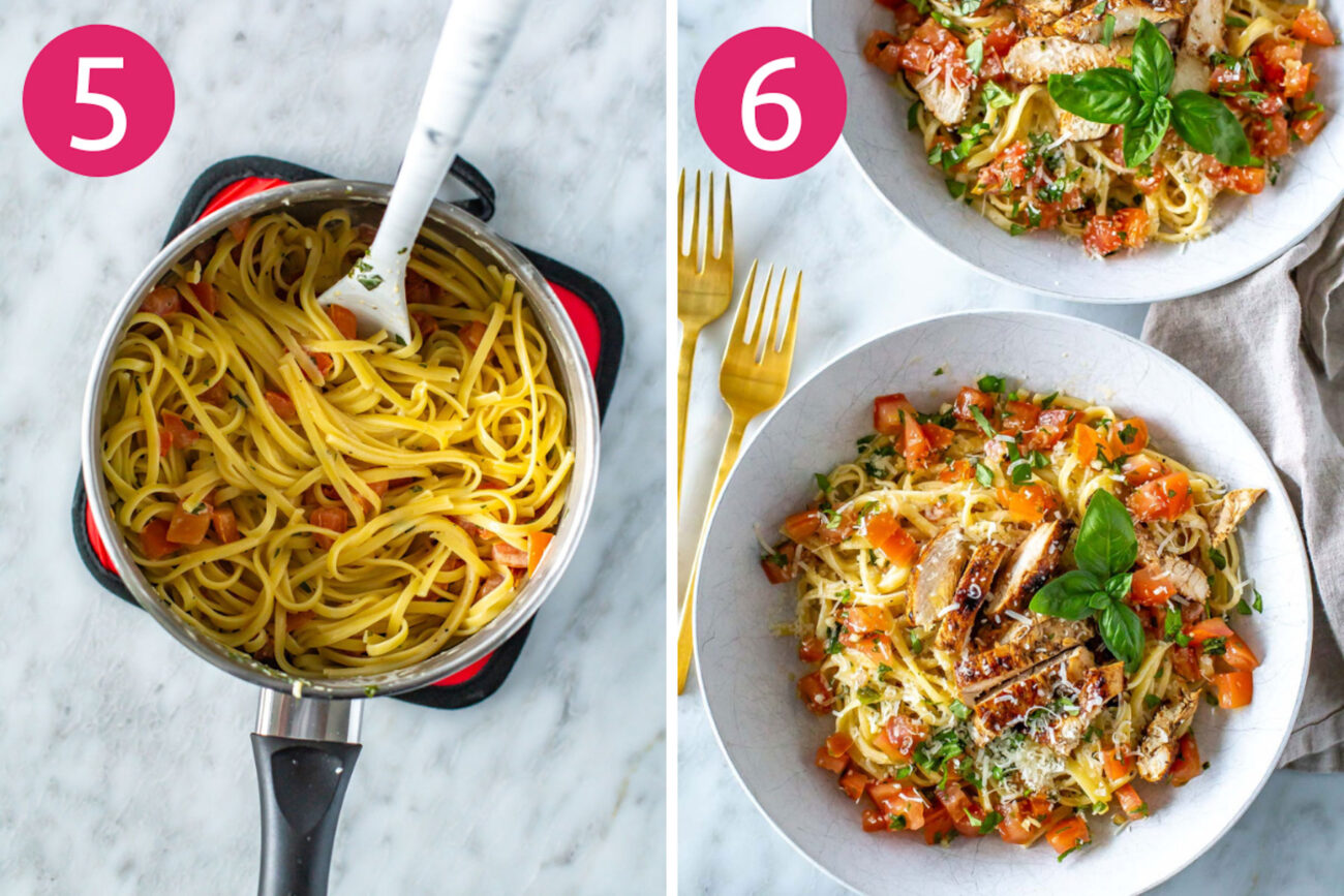 Steps 5 and 6 for making bruschetta chicken pasta: Toss everything together then serve.