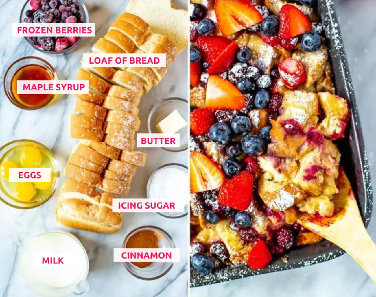 Ingredients for french toast casserole: loaf of bread, berries, maple syrup, eggs, butter, milk, cinnamon and icing sugar.