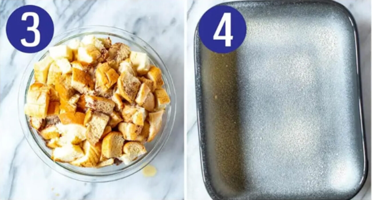 Steps 3 and 4 for making french toast casserole: Toss bread in egg mixture and grease baking dish.