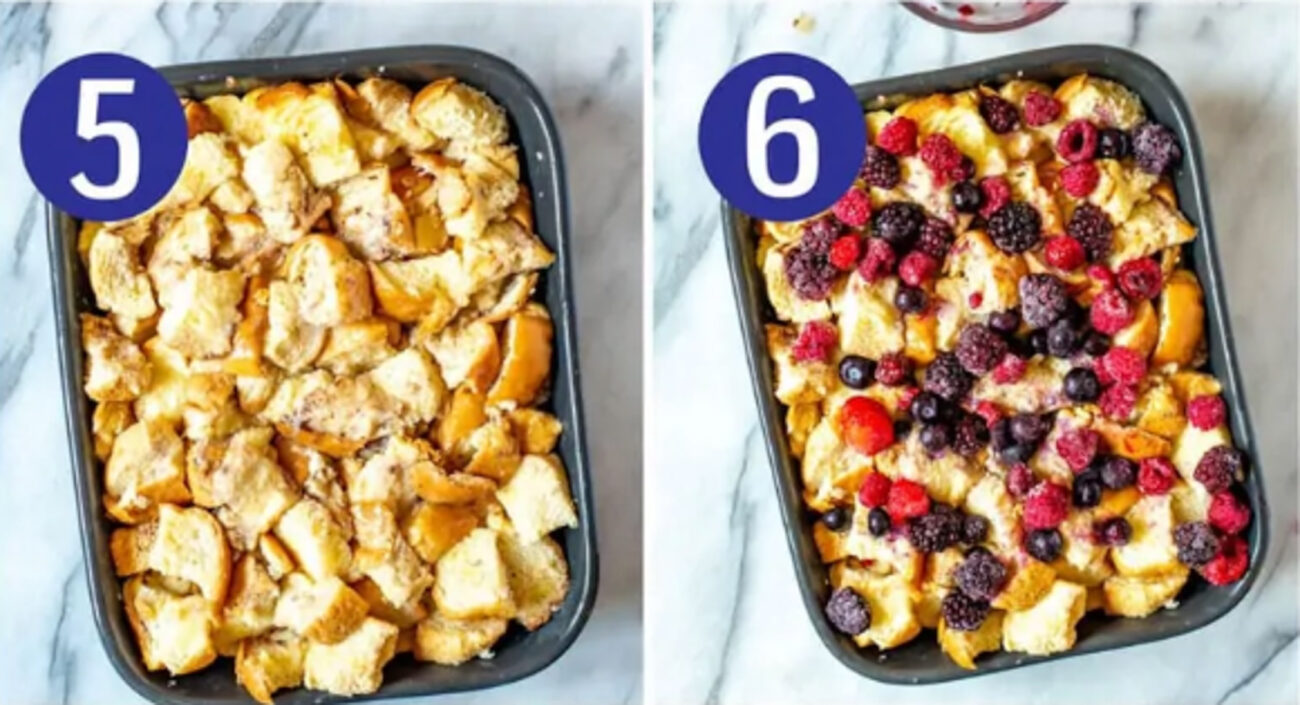 Steps 5 and 6 for making french toast casserole: Add bread mixture to the baking dish then bake.