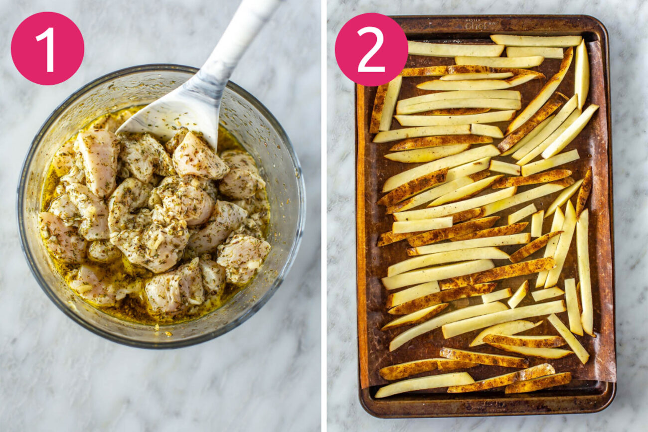 Steps 1 and 2 for making Greek fries: Marinate the chicken then bake the fries.
