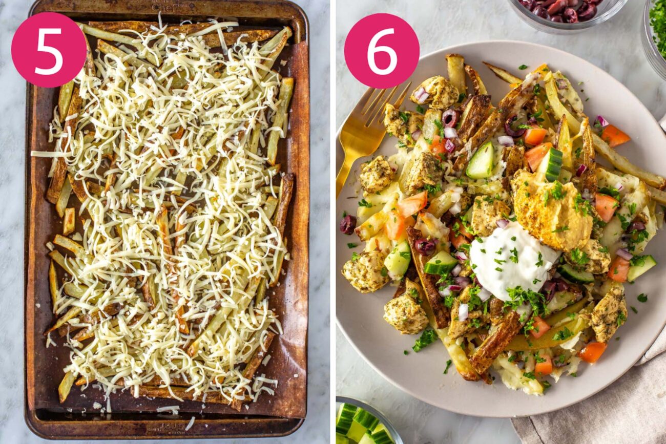 Steps 5 and 6 for making Greek fries: Sprinkle on cheese and bake, then load with toppings.